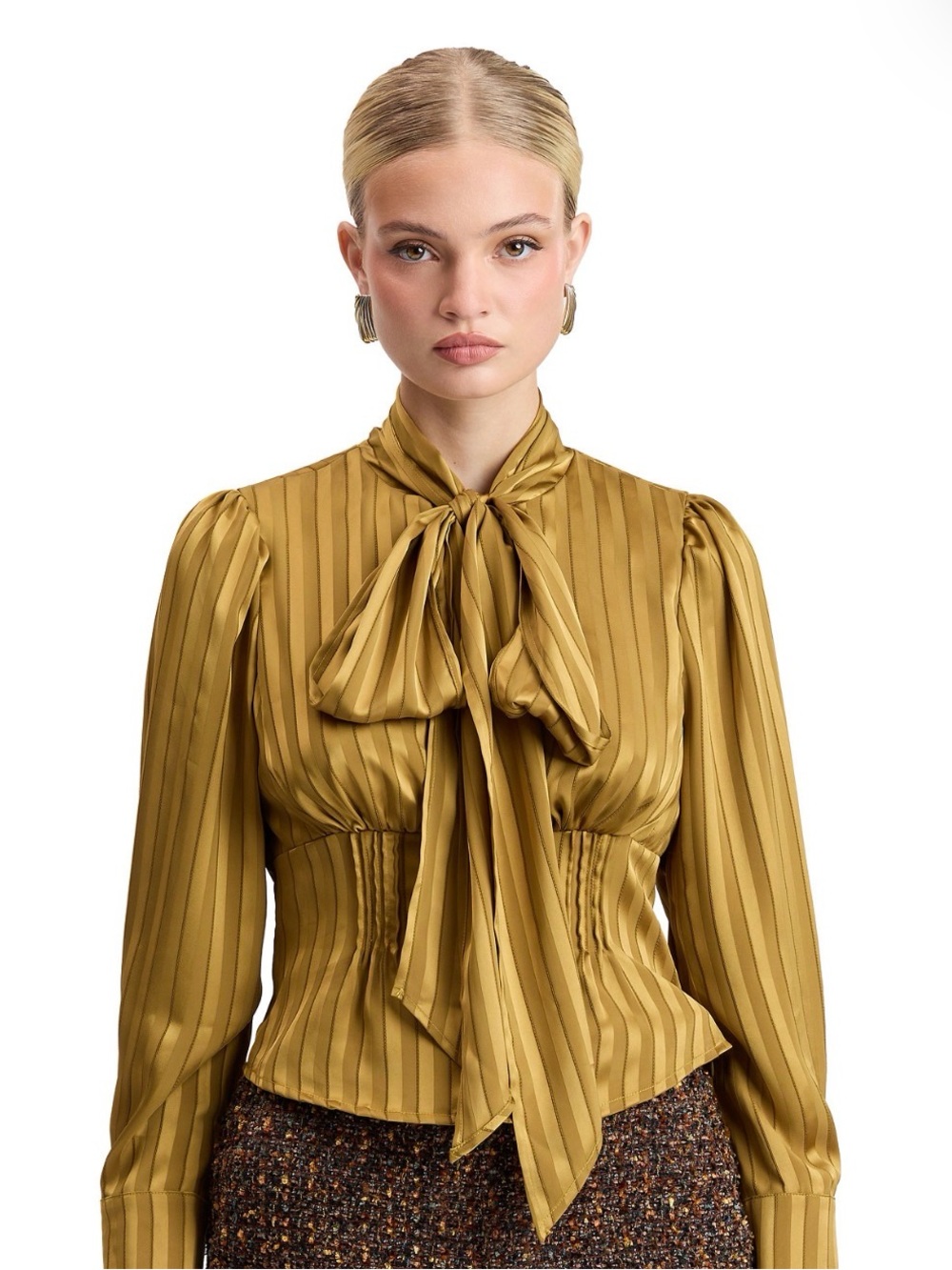 Avec Les Filles Mustard Satin Stripe Tie-Neck Blouse